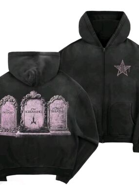 Jeffree Star Black Zip-Up Hoodie with Pale Pink Tombstone Graphics